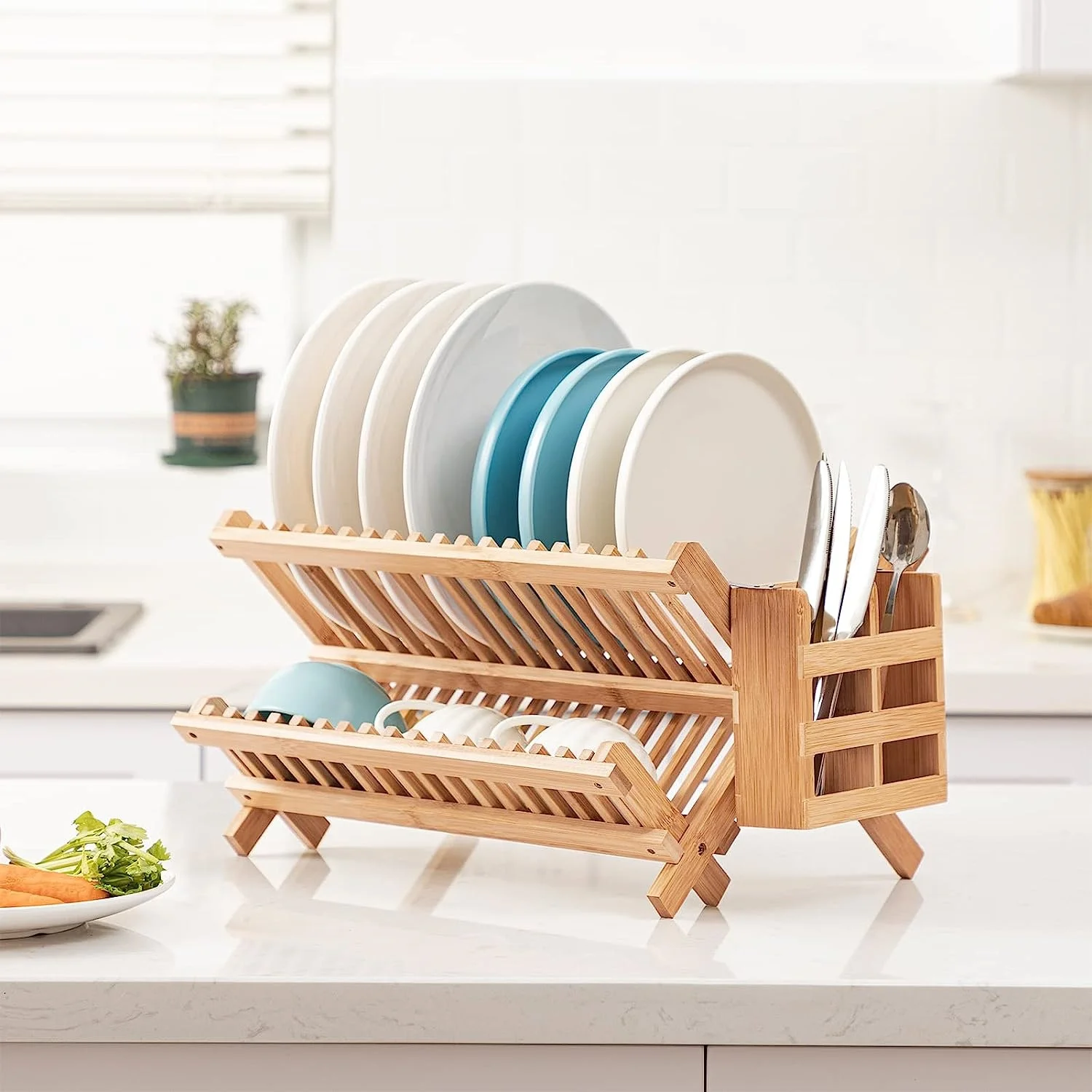 Bamboo Folding 2-Tier Collapsible Drainer Dish Drying Rack with Utensils Flatware Holder Set Dish Rack
