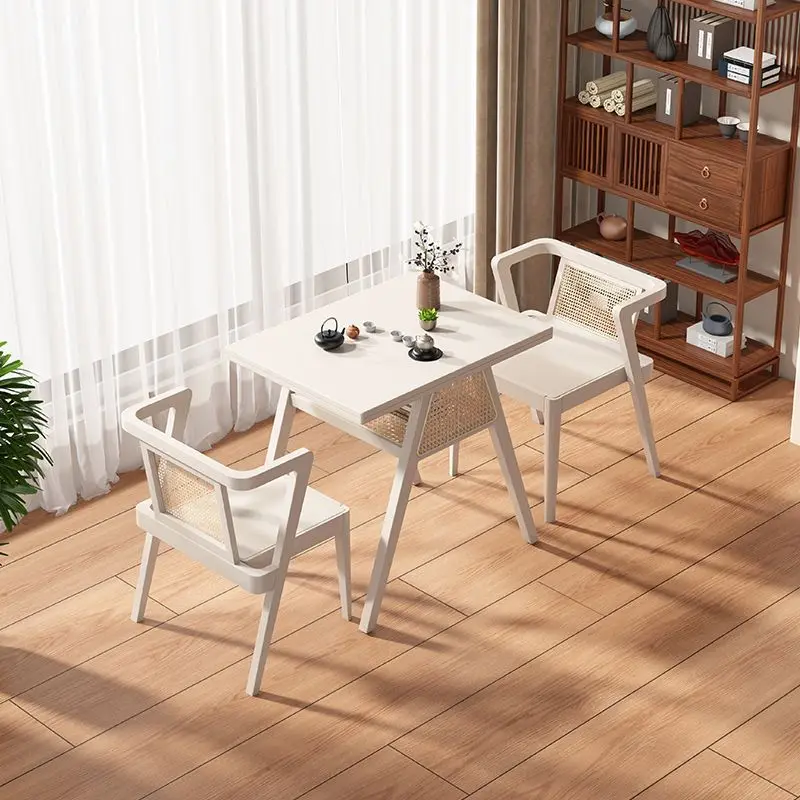 Japanese recycled pine wood table and chair set square restaurant dinning table set rattan balcony small tea table and chair