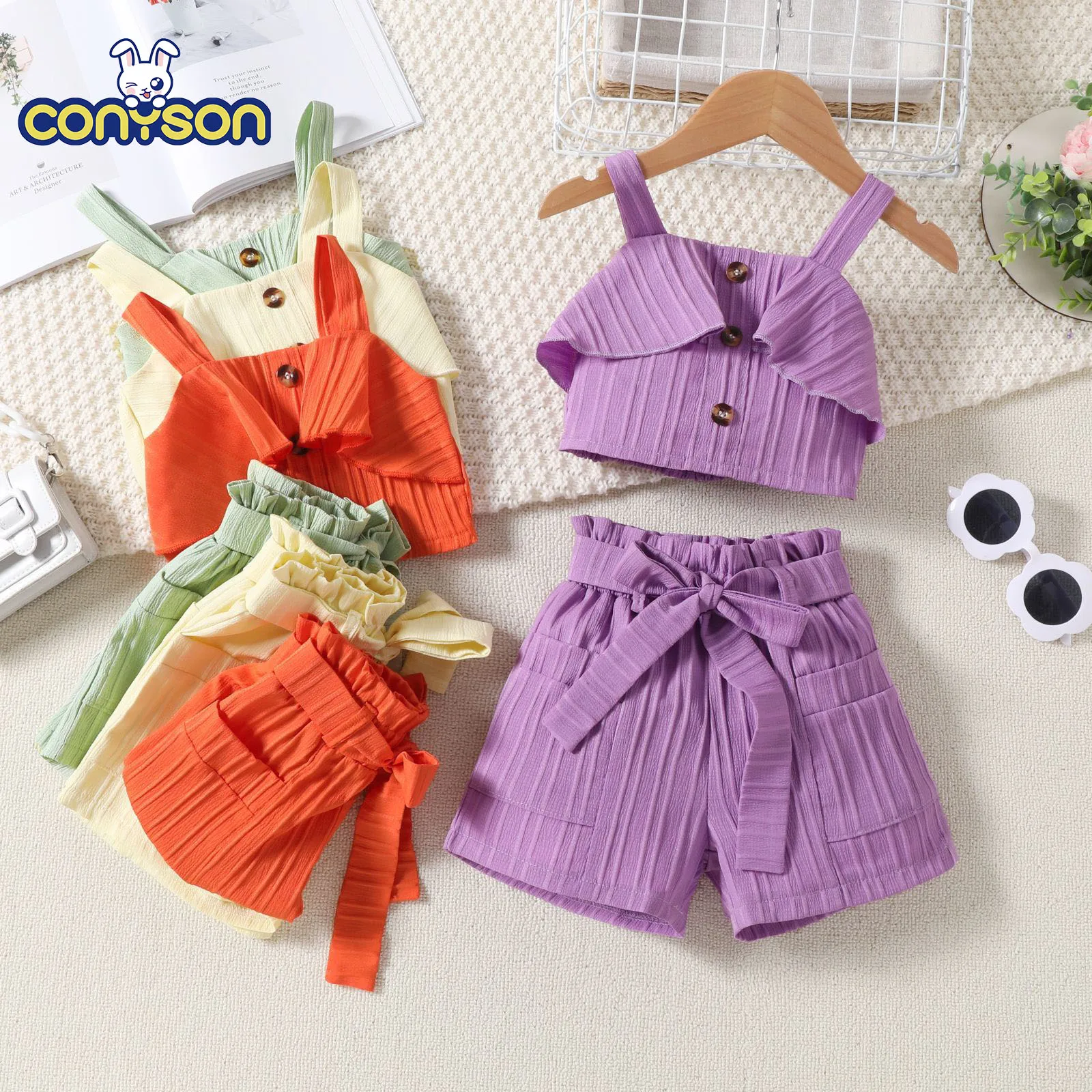 Conyson Fashion 2024 Korean Solid Color Pleated Halter Top+Shorts With Belt Children Baby Girl 3 Pcs Sleeveless Kids Girl set