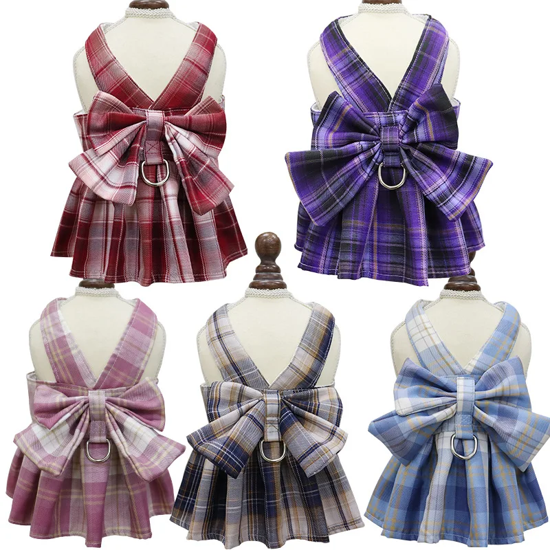 Free sample Teddy French Pet Outdoor Walking Jk Plaid Skirt Breathable Cat Harness And Leash Set Summer Dress Harness For Dogs