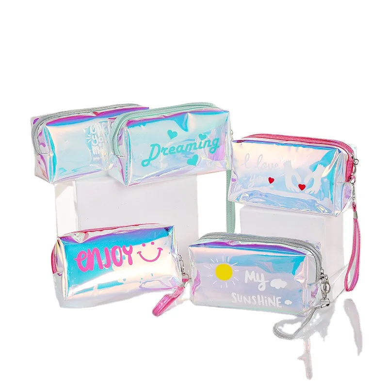 Custom holographic washable Tpu toiletry cosmetic bag transparent holographic travel  pvc makeup bag
