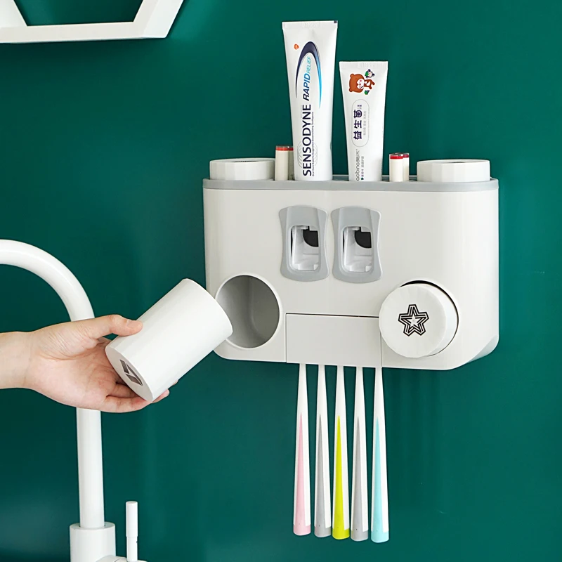 Toothbrush Rack Free Punching Bathroom Mouthwash Dental Cup Set Suction Wall-mounted Toothpaste Squeezing Device Dental Rack
