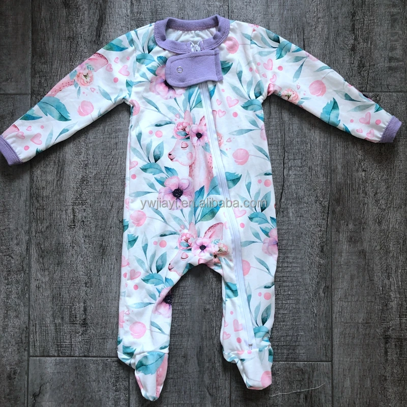 
newborn custom purple floral print pattern zipper baby romper 