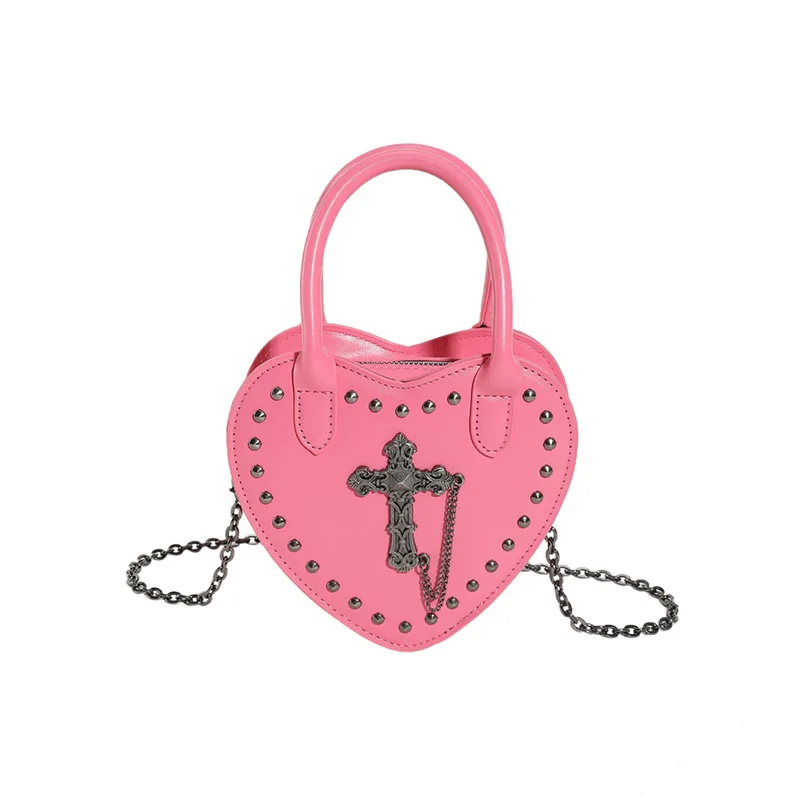 Gothic Fashion Stylish Handbag Y2K Heart Shaped Bag Chain Shoulder Punk Studded Crossbody Bag for Women