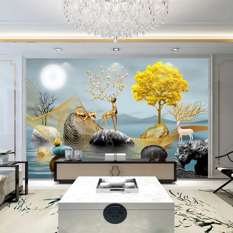 3d TV background wall decoration wall cloth, living room decoration painting elk lucky waterproof wall fabric
