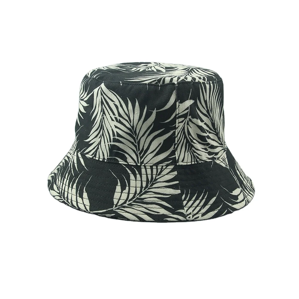 Wholesale  Fashion Custom Logo Unisex Bucket Basin Cap Beach Hat Printed Tie dye Leaves Cotton Bucket Hat