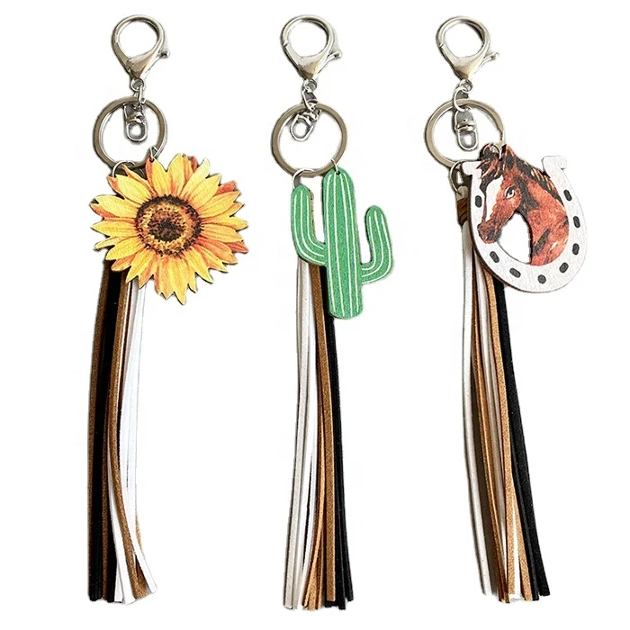 Free Shipping New Gift West Cowboy Tassel Sunflower Aztec Keychains Cactus Print Keychain
