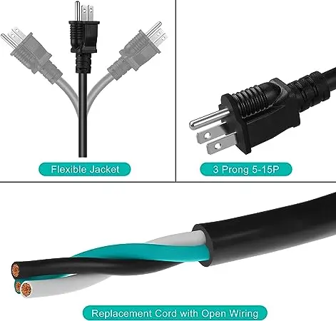 6FT 12 AWG 3 Prong Replacement Power Cord 20 Amp 12 Gauge 3 Conductor Wire Extension Cable with Pigtail Open Wiring End