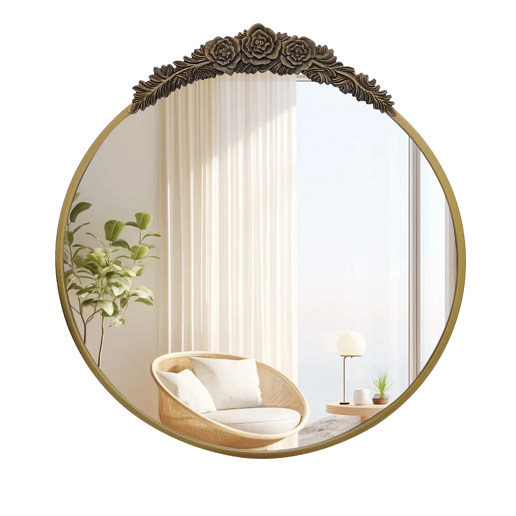 Antique Wall Mirror Round Vintage Baroque Brass Mirror Metal Frame Antique Glam Round Wall Mirror for Entryway,Living Room