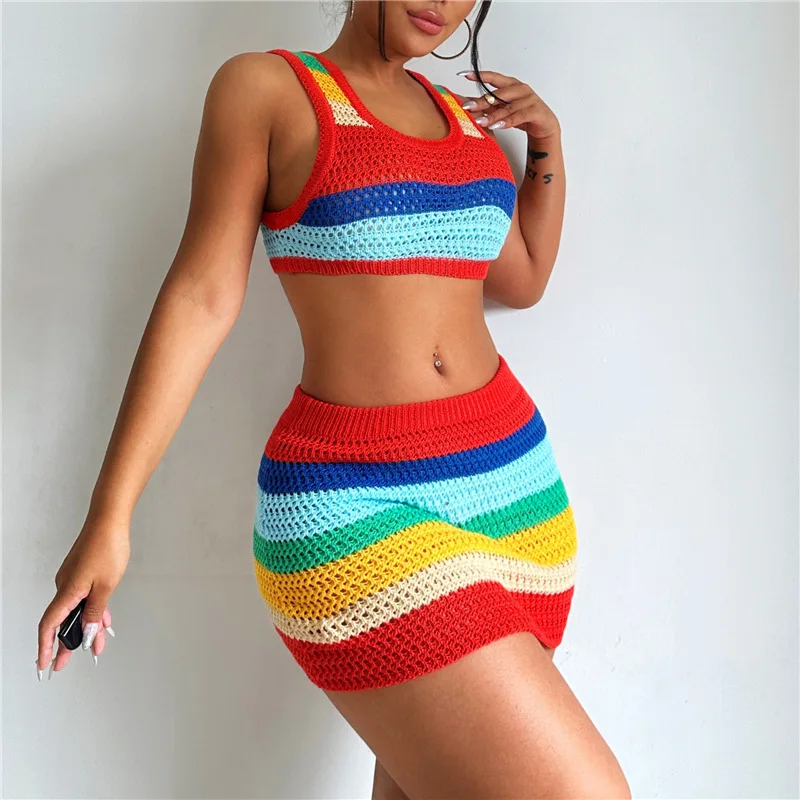 Night Club Party Fashion Multicolor Mini Dress For Women Casual Rainbow Color Dress Hand Knit Crochet Dress
