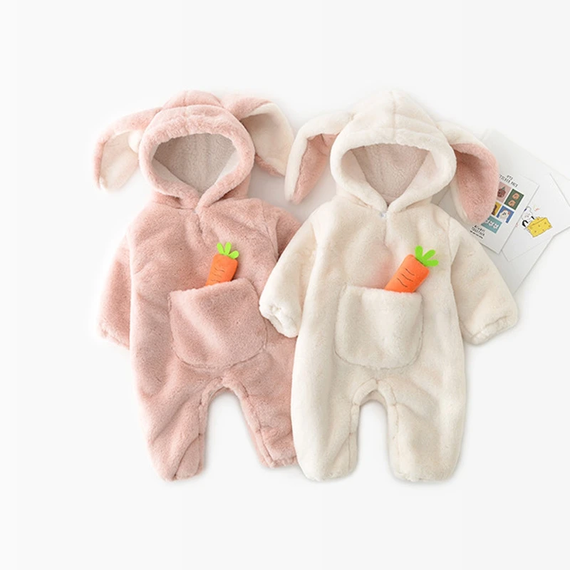 Baby kids Girls Roupas thick warm Velvet Winter Boys Rompers Rabbit Ear Hooded Infants Playsuit Carrot Overalls Jumpsuits