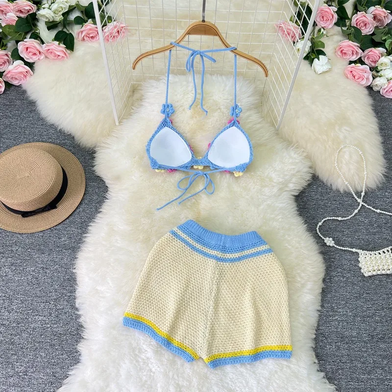 Sexy Women Halter Backless Crop Top+ Mini Knitted Short Flower Vacation Wear Hair Bow Summer 3 Piece Short Set