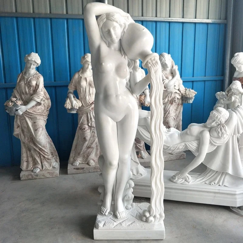 Outdoor Garden Decoration Life Size Nude Sexy Woman Holding Water Bottle Sculpture White Marble Statue