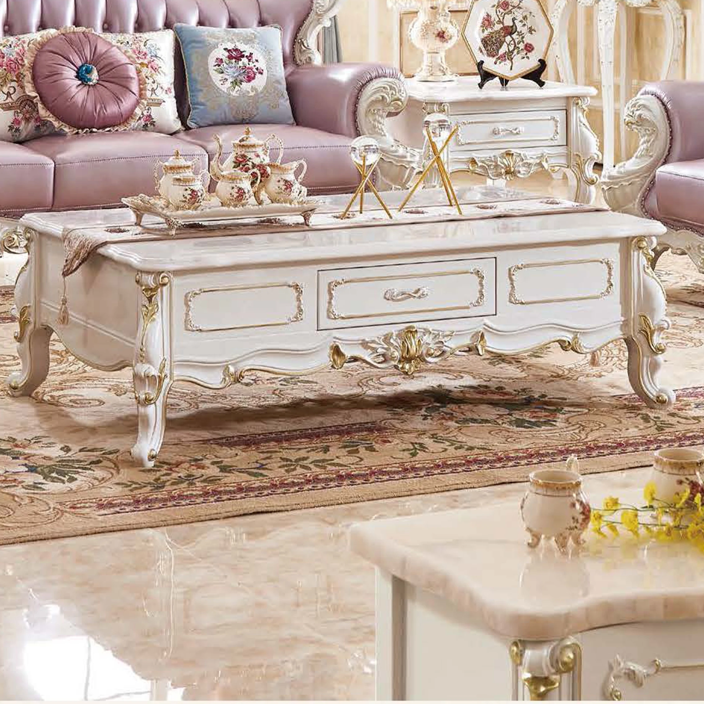 French luxury antique carved wooden 1 2 3 genuine leather couch cushion upholstered living room furniture sofa for hotel villa