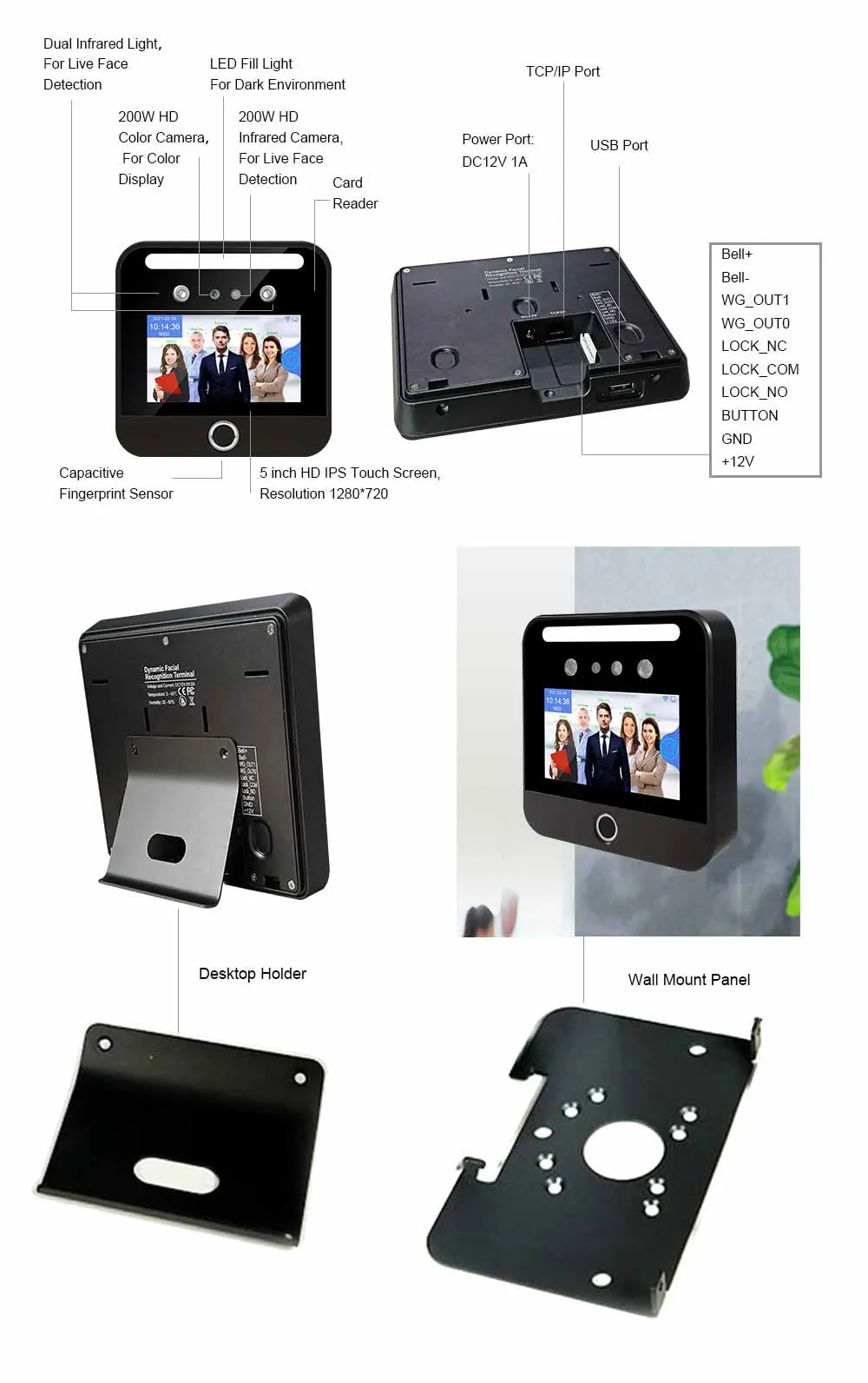 5-Inch 4G Indoor Face Recognition and Fingerprint Attendance System with 2MP Camera AI Visible Light WDR QR Code Scan Feature