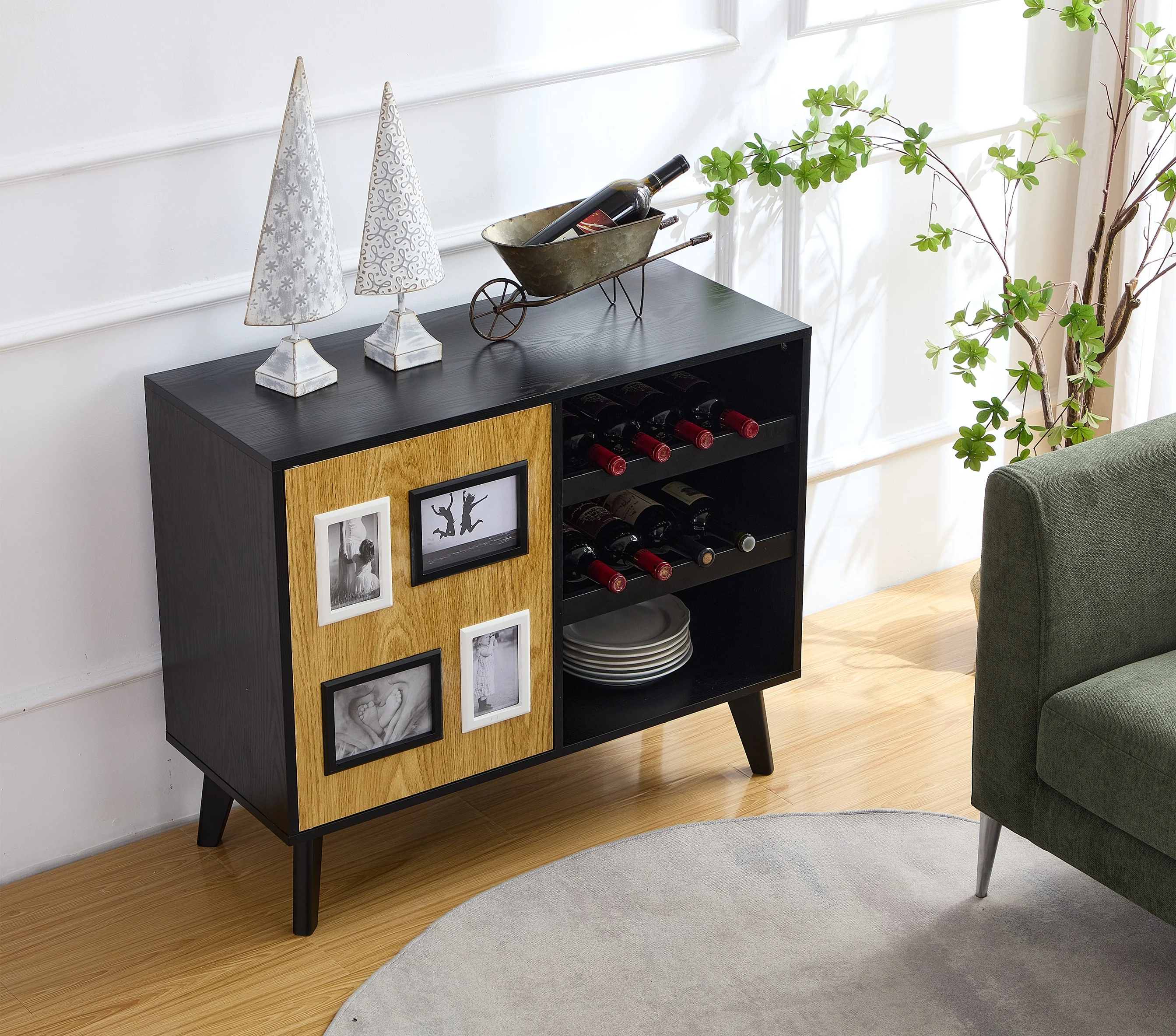 Buffet Cabinet Floor Standing Bar Cabinet Oak Lines Finish Sideboard Kitchen Cabinet Organizer Wine Rack