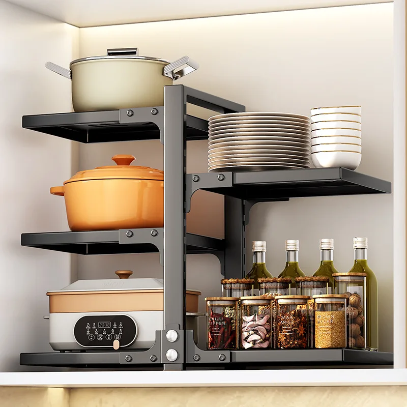 Kitchen update household multi-layer carbon steel pot storage rack Adjustable pot cover storage rack