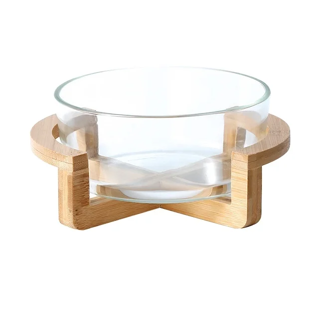 Salad Bowl with Wooden Stand Clear Glass Serving Bowl for Pasta Dessert Cereal Snack Fruit Bowl 2500ML