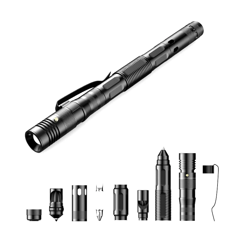 SIVI Wholesale Multifunctional Aluminum Alloy Broken Window Cone Flashlight Whistle Tactical Self-defense Pen