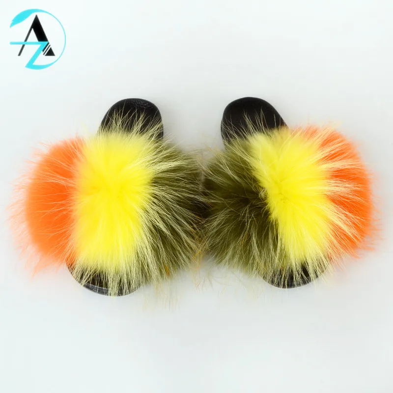 
Best Selling Comfort Fluffy Full Coverage Bedroom Fur Raccoon Slippers Soft Real Fox Fur Furry Slides For Women 