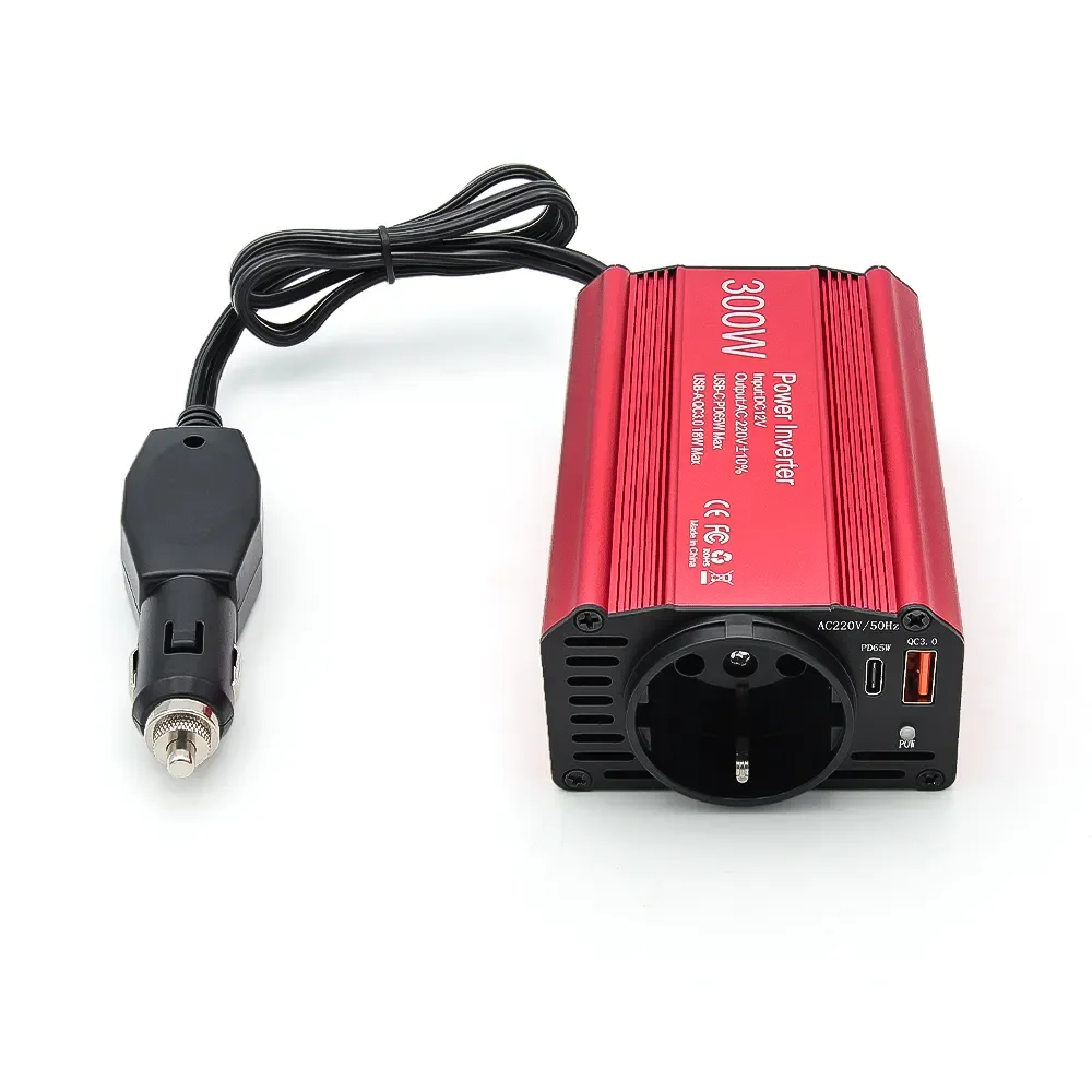 Inverter 300W Power EU Socket DC12V to AC 220V/110V Output USBQC3.0+PD65W Fast Charging Vehicle Inverter