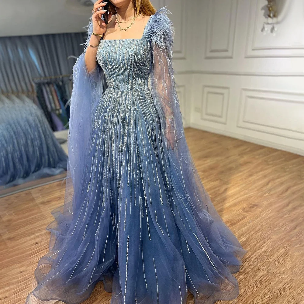 Blue A Line Cape Sleeves Feathers Beaded Dubai Evening Dresses Serene Hill LA72236 Wedding Party Gowns 2024 For Women