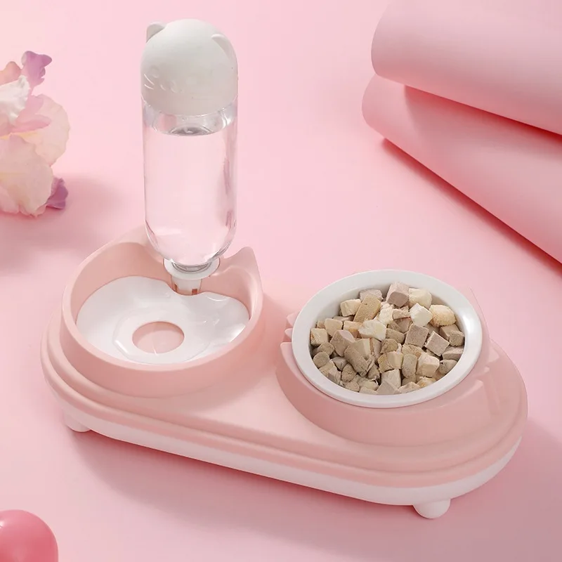 Cat Food Bowl Pet Automatic Feeder Water Dispenser Dog Cat Food Container Drinking Raised Stand Dish Bowls, Cups & Pails Natural