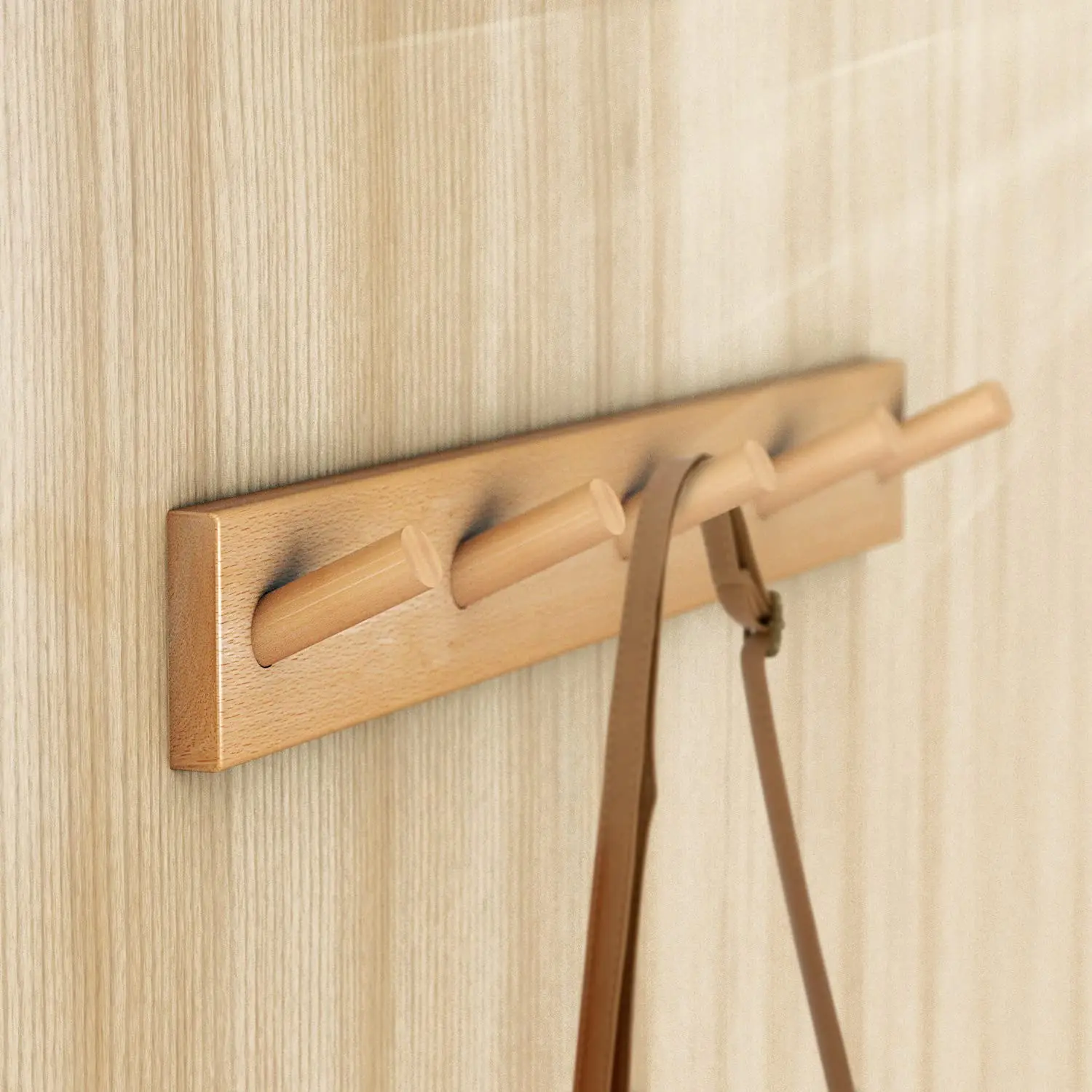 Wooden Wall Mounted Coat Rack, Natural Wood Duty Coat Hooks with 5 Pegs Wall Hooks
