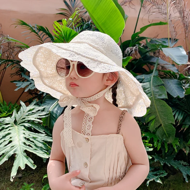 Детская большая шляпа с полями, осенняя Солнцезащитная кружевная шляпа от солнца, милая летняя шляпа от солнца для маленьких девочек