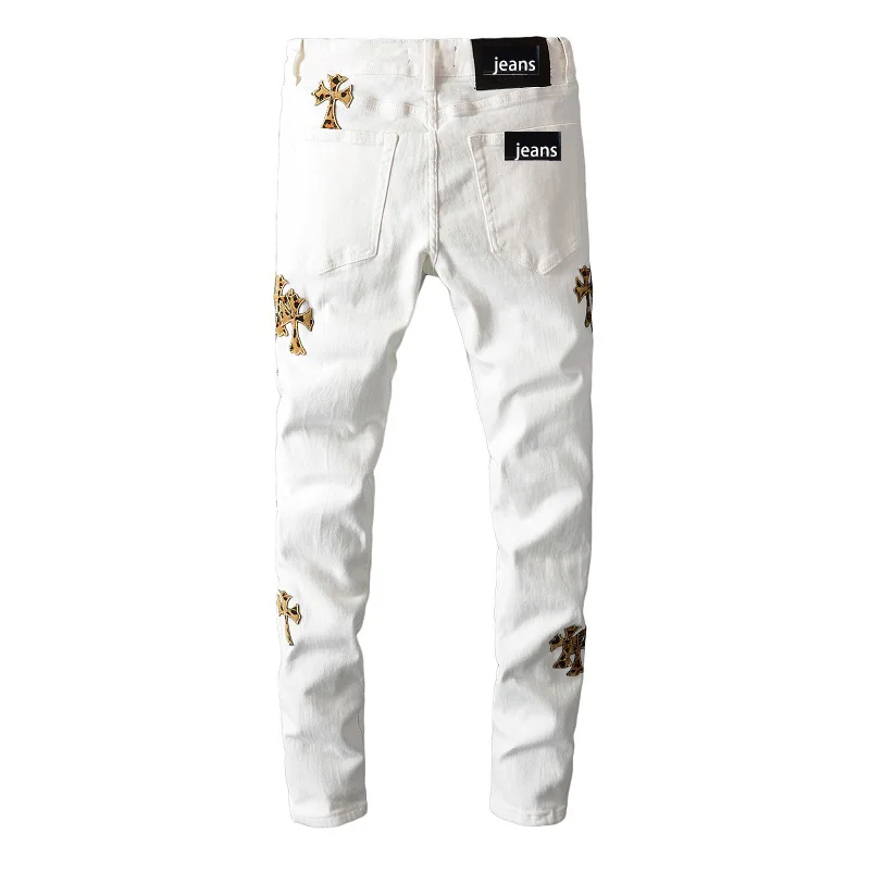Rts For Dropshipping 724 Custom  golden leopard jens pant print cross white stretch  youth slim pants high street damaged jeans denim men