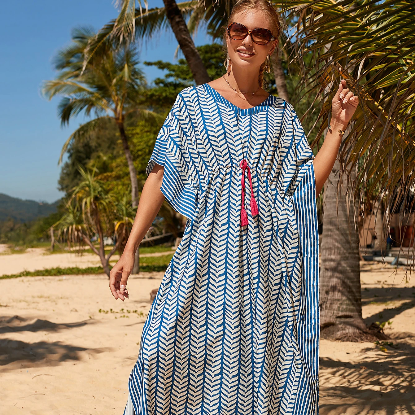 Ready to ship striped woman plus size rayon fabric summer  beach dress max size kaftan indian kaftan beachwear