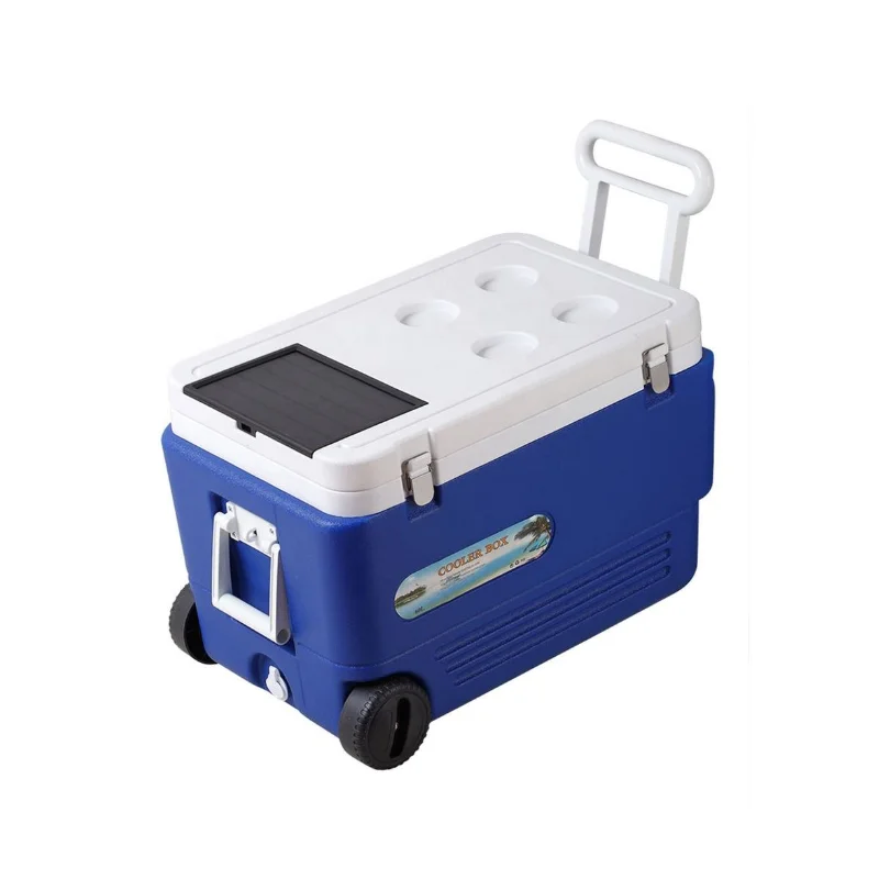 Factory Wholesale 60L Plastic Solar Trolley Cooler Box Outside Insulated Ice Chest Container with Wheels