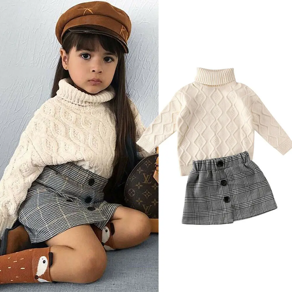 Fall Winter Kids Baby Girls Clothes Set Turtleneck Knit Sweater Tops + Plaid Mini Skirt Outfit 2-7Y