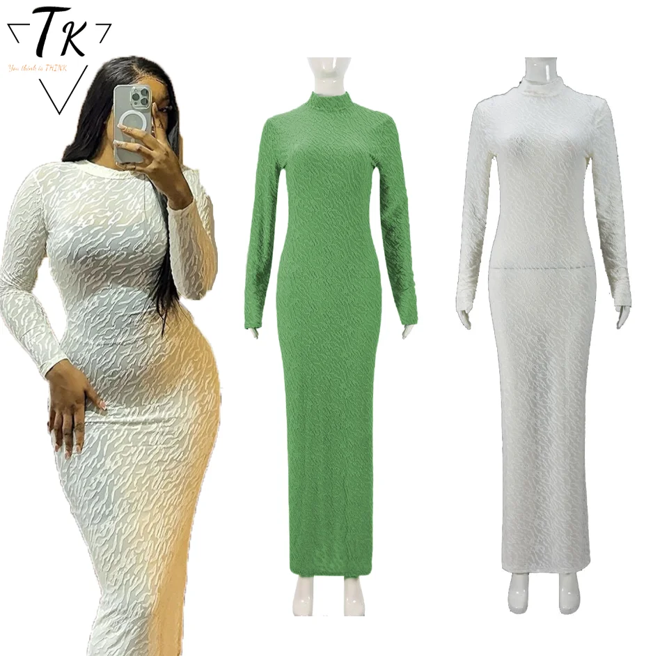 Think 2025 Women Spring Elegant Fashion Solid Color Long Sleeve Round Neck Floor Length Slim Boydcon Party Dresses