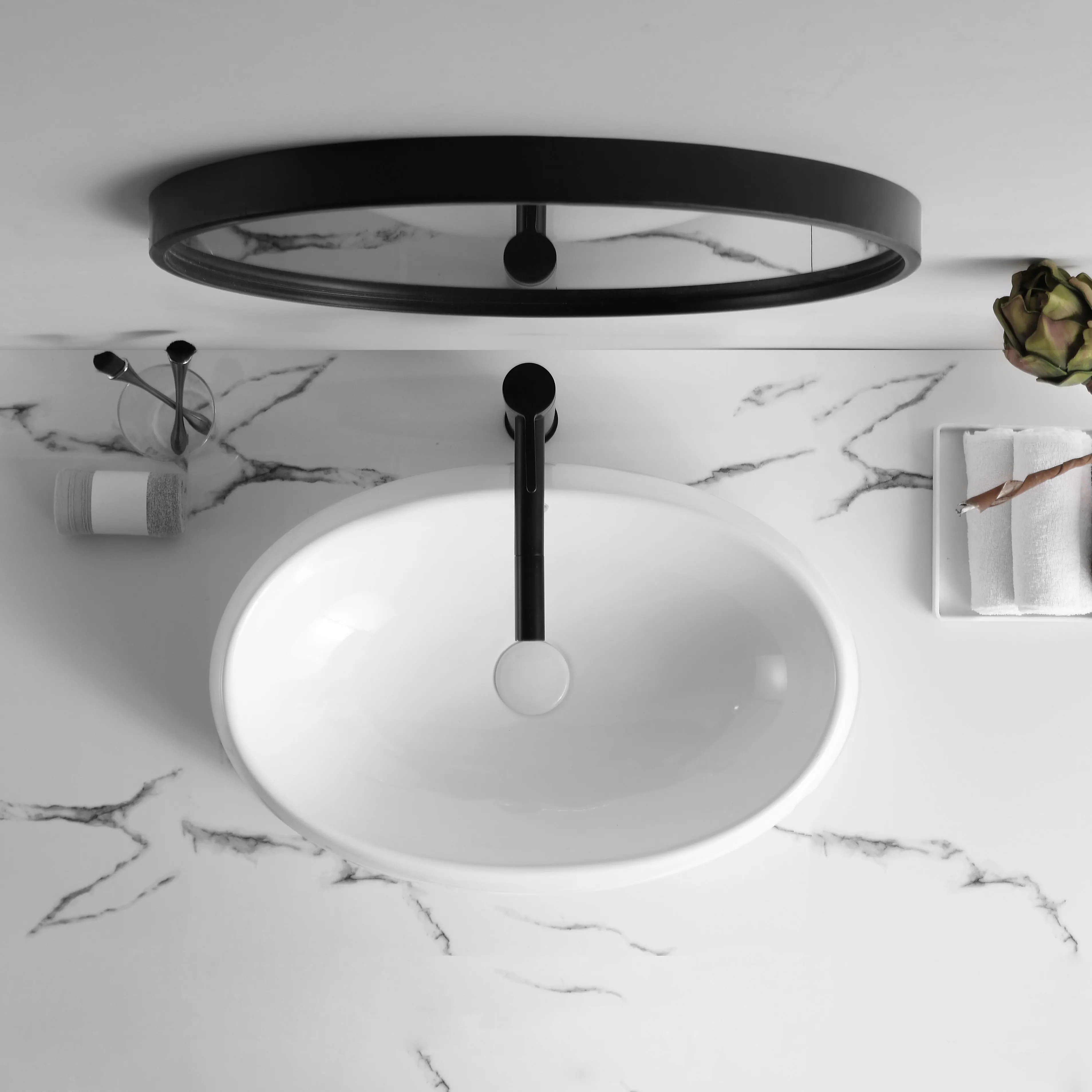 Modern Above Counter Oval Basin Ceramic Solid Surface Table Top Wash Basin Bathroom Vessel Sink