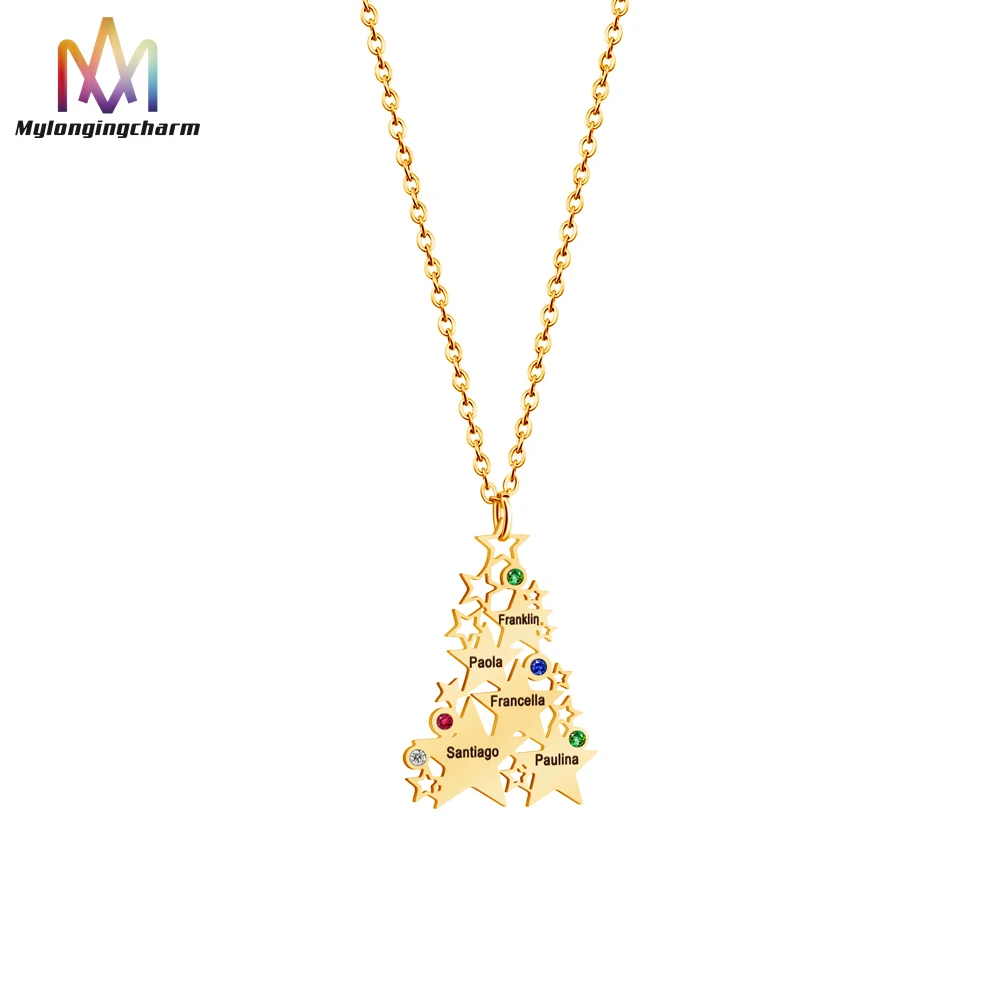 Stainless Steel Diy Engraving Hollow Five Pointed Star Family Christmas Tree Necklace Fashion Jewelry With Birthstone