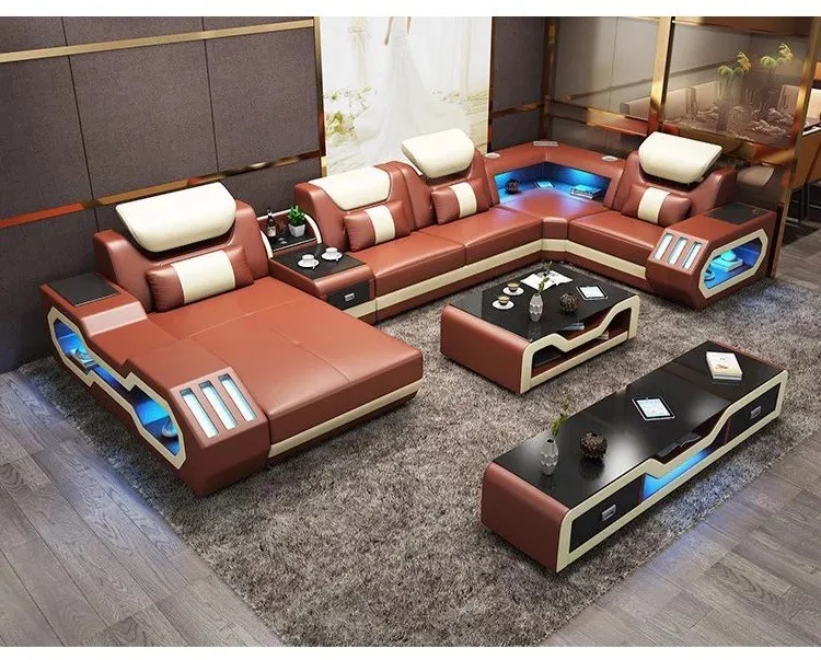 Modern Living Room Sofa Set Genuine Leather Sofas with USB Music Speaker