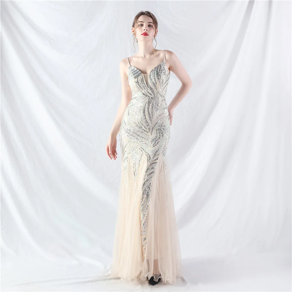 31903# New Product Laminated Bead Splicing Mesh Sling Evening Dress