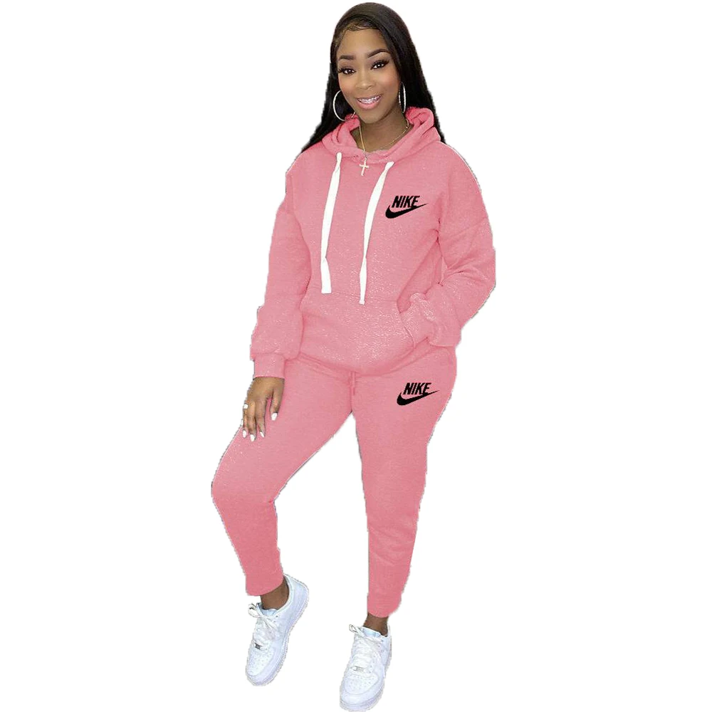 New Upgrade Nike High Quality Fall Pullover Solid Color Sweatsuit Women Joggers Sport Long Sleeve 2 Piece Hooded