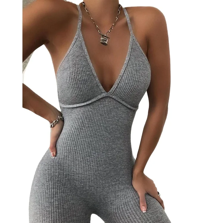 
2020 New Women Sleeveless V-Neck Solid Bodycon Playsuit One-piece Clubwear Trousers Sport Long Jumpsuit 