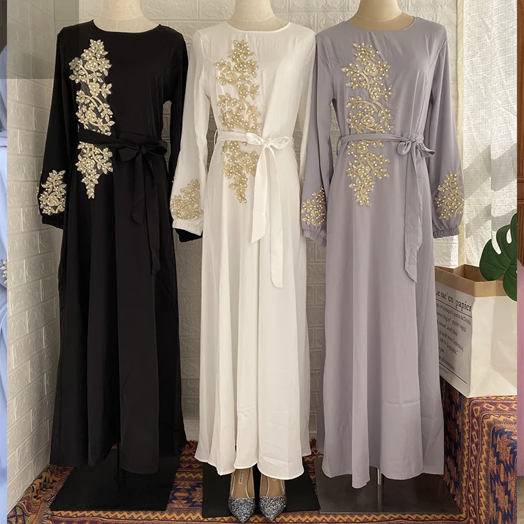 Fashion luxury embroidery lace pearl Islamic dress female Muslim Maxi Dubai abaya dress