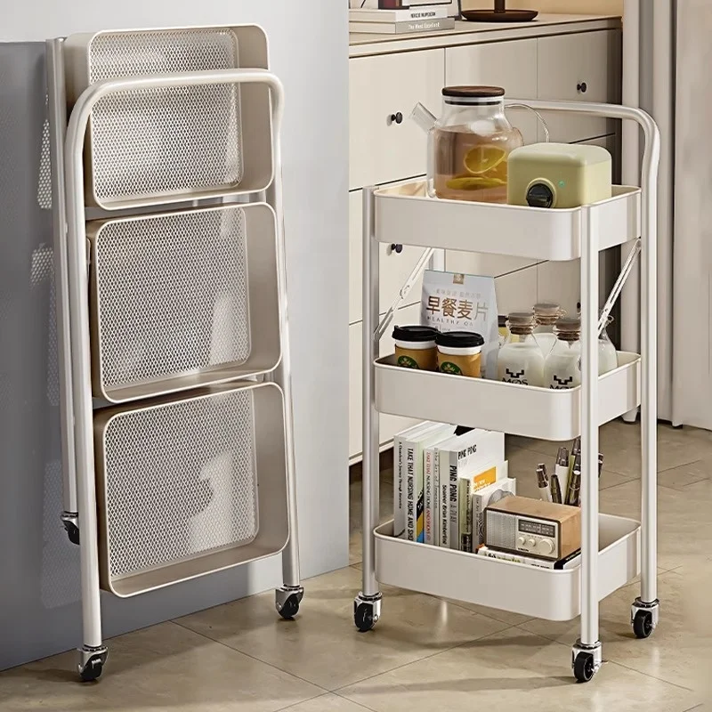 Hot Sale Multifunction Mobile Organizer Shelf 3 Tiers Steel Cart Rolling Hand Foldable Trolley For Kitchen,Bathroom And Office