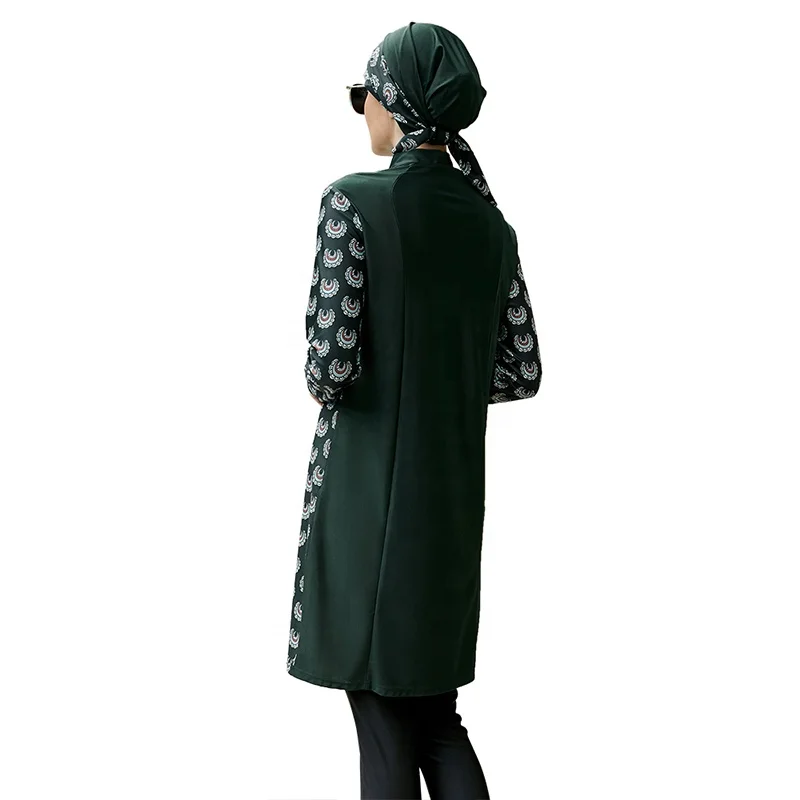 3 Piece Printed Mature Thong Muslim Modest Swimwear Borkini Full Wrap Stretch Slim Fit Long Sleeve Swimsuit Bucket Hat