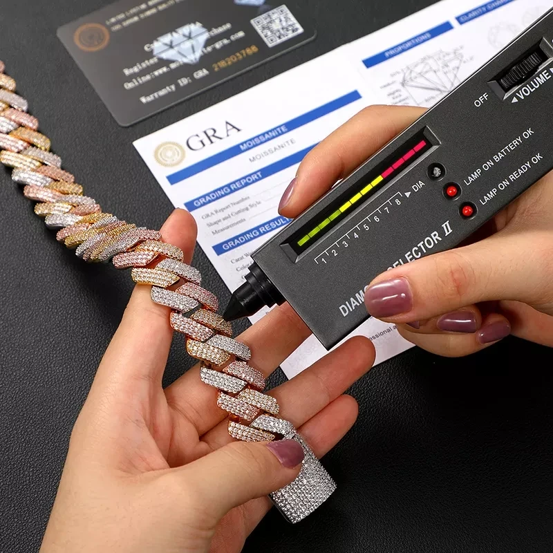 Hot Selling OEM/ODM Service 19mm 3 Tones 925 Sterling Silver VVS Moissanite Diamond Miami Cuban Link Chain Necklace