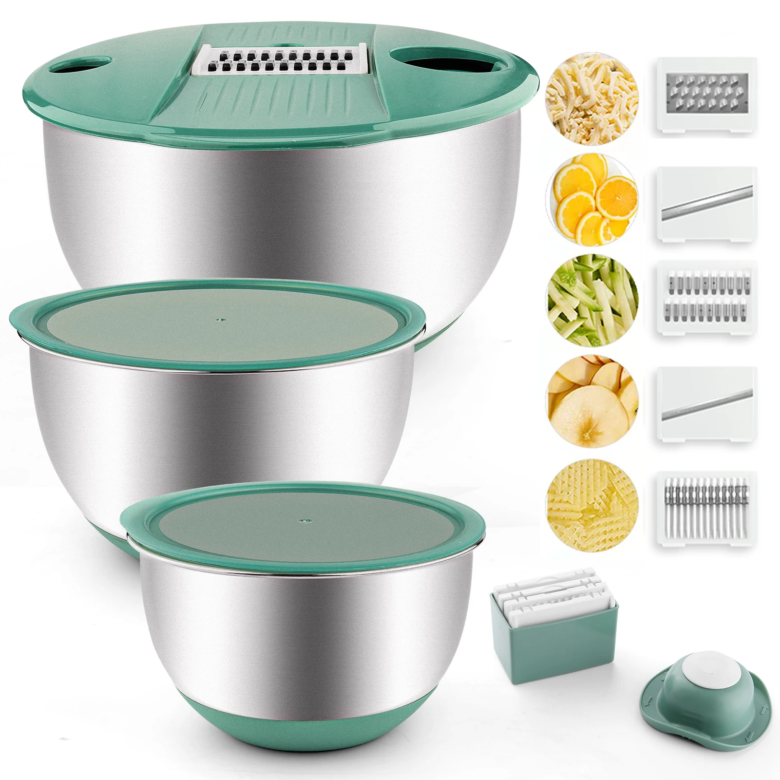 2024 Hot Sale Mixing Bowls Stainless Steel 3 In 1 Large Measurement 5 Interchangeable Blades Bowls With Lids Baking Bowls