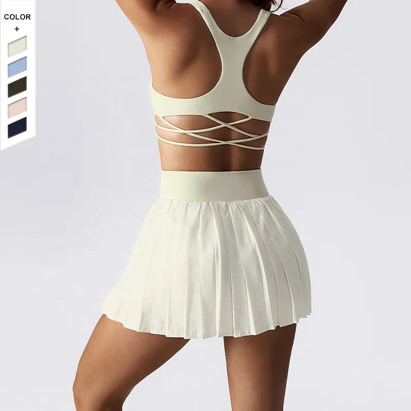 New Arrival Moisture Absorbing Quick Yoga Set Multi Layered Cross Back Bra and Short Skirt Sports Set