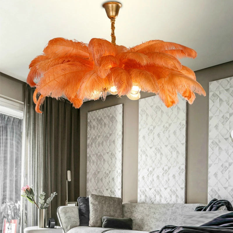 Fashionable All Copper Ostrich Feather Lamp Hanging Light Chandelier Real Feather LED Lamp with G9 Bulb for Bedroom Decoration
