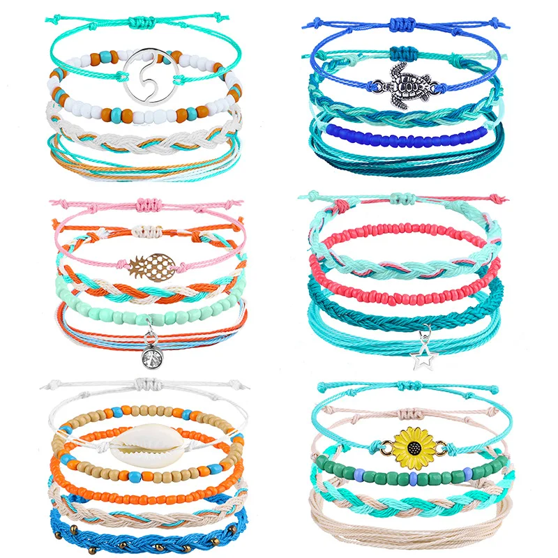 New Bracelet Gifts Wax Thread Braided Rice Bead Bracelet Bohemian Daisy Sunflower Turtle Shell Bracelet Women