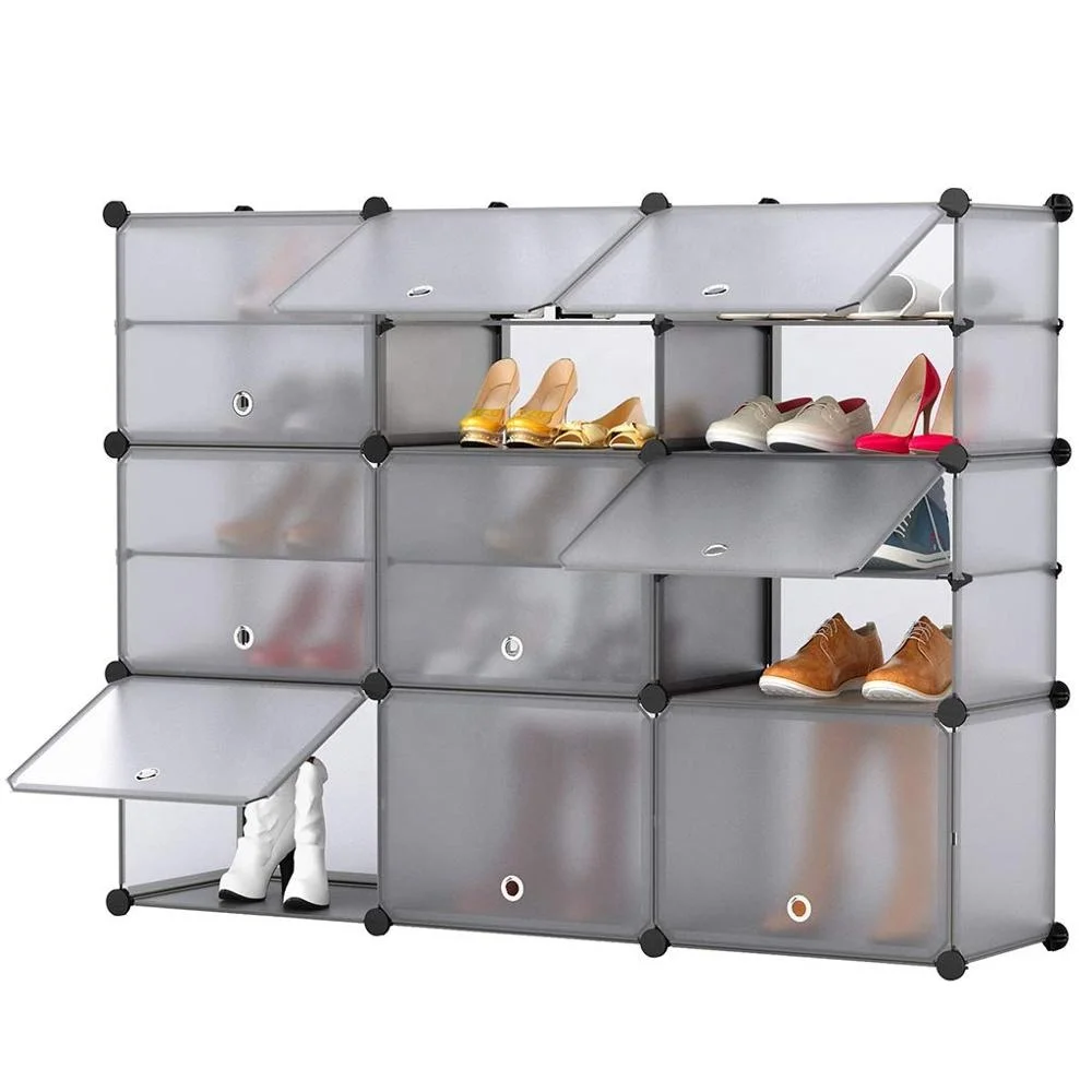 15-Cube Shoe Rack DIY Organizer, Cubby Modular Shelving Storage Plastic Cabinet with Doors
