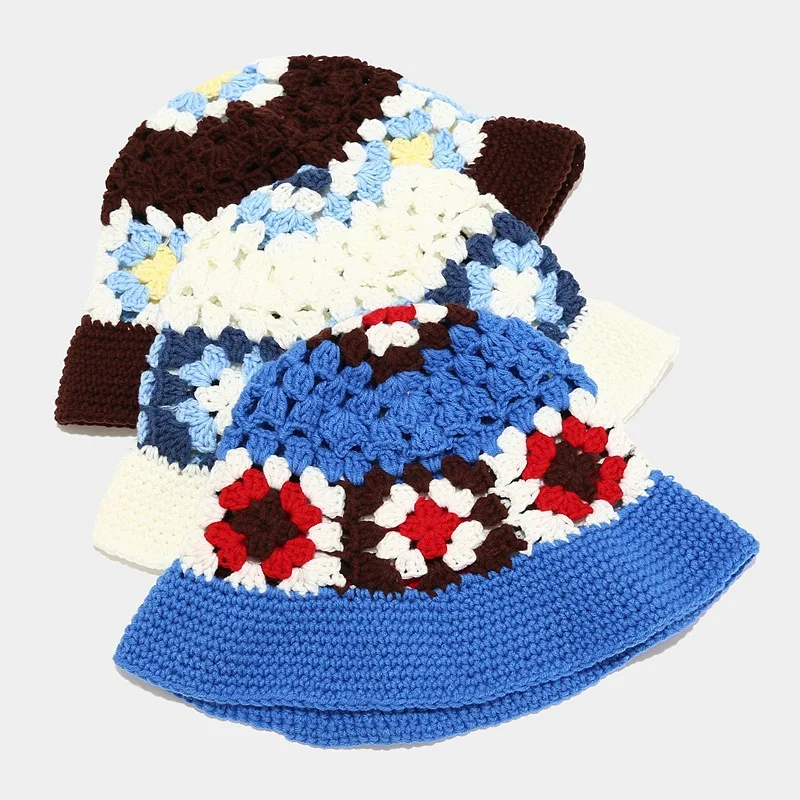 Summer Outdoor Handmade Folded Knit Beanie Hat Wide Brim Round Luxury Women Floral Soft Wholesale Custom Crochet Knit Bucket Hat